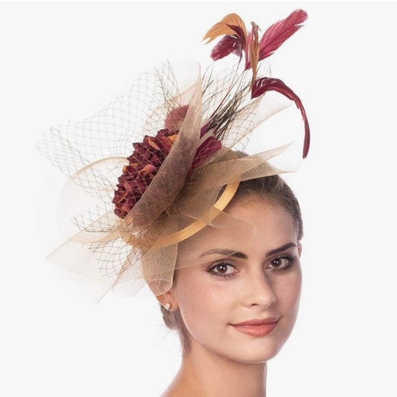 Chic Tan and Red Feather Fascinator Hat - Picture 4 of 5